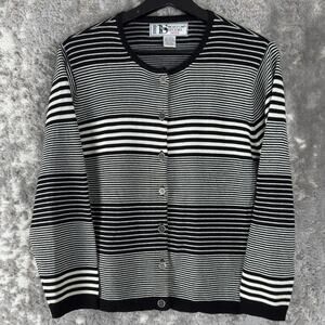 Norton Studio Petite Size PL Striped Casual Button Cardigan Sweater Black White